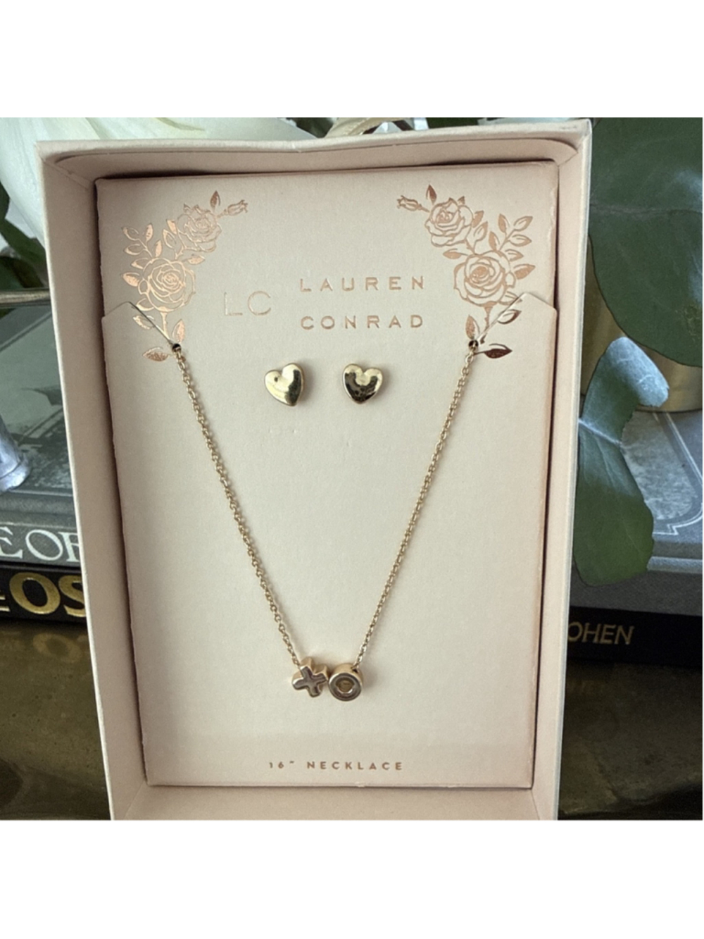 Lauren Conrad Necklace Earring Set Gold Tone XO Heart Stud NWT